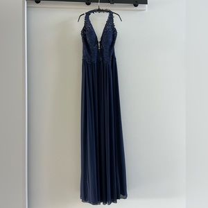 Navy sequin halter top floor length evening gown. Includes a matching shawl.